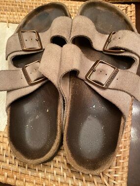 Birkenstock Arizona Suede Double Strap Sandals in Grey Taupe